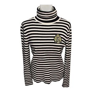 Vintage 90’s Ralph Lauren Black and White Striped Sweater with Gold Crest size S